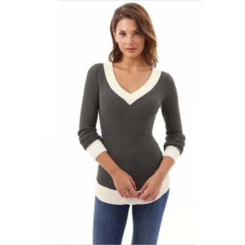 High Quality Winter Fashion Sexy V-neck Women T-shirts Long Sleeve Patchwork Slim Shirt Knitted Women Clothing Pullover Tops
