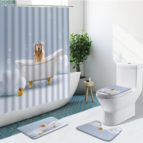 3D Funny Dog Bathing Bubbles Yellow Duck Cat Bathroom Set Shower Curtain Non-Slip Rugs Flannel Carpet Cover With Hooks Bath Mat