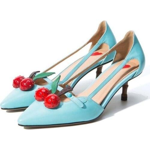 OLOMLB Womens Kitten Heels PU Leather Cherry Sandals Slip On Party Pumps Shoes Pointed Toe 6Colors New 2021