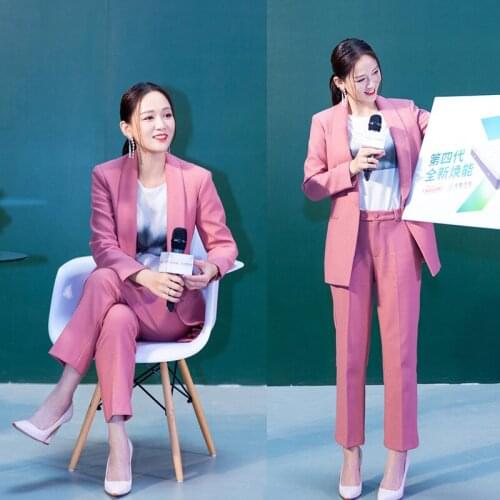 2019 Spring Autumn Women Smoke Pink Pants Set OL Work Business Shawl Collar Blazer + Pant 2 Pieces Set for Women Y231