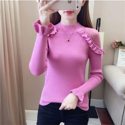2021 Spring Autumn Fashion New Semi-High Collar Sexy Off-Shoulder Mesh knitting Lotus Leaf Sleeve Base Sweater Women Trendy H204