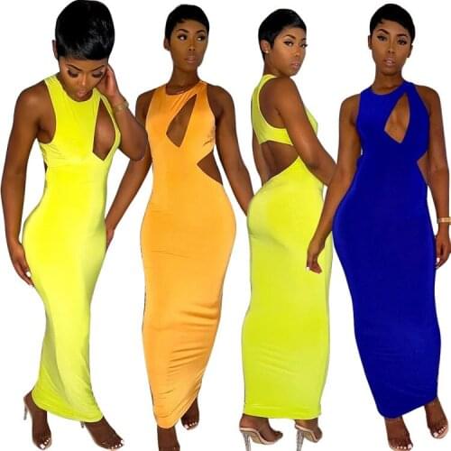 SKMY Club Outfits For Women New Summer Dress 2021 Solid Color Hollow Out Sleeveless Long Maxi Dress Party Ladies Clothing