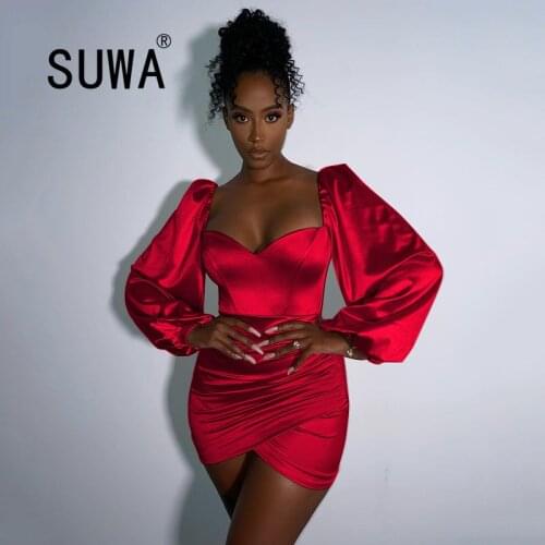 Sexy High Elastic Satin Mini Dress 2021 Spring Summer Strapless Lantern Sleeve Backless Bodycon Dress Elegant Women Party Dress