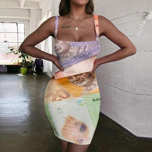 Giyu Brand Money Dress Women Malaysian Ringgit Bodycon Dress Character Ladies Dresses Abstract Halter Sleeveless Womens Clothing