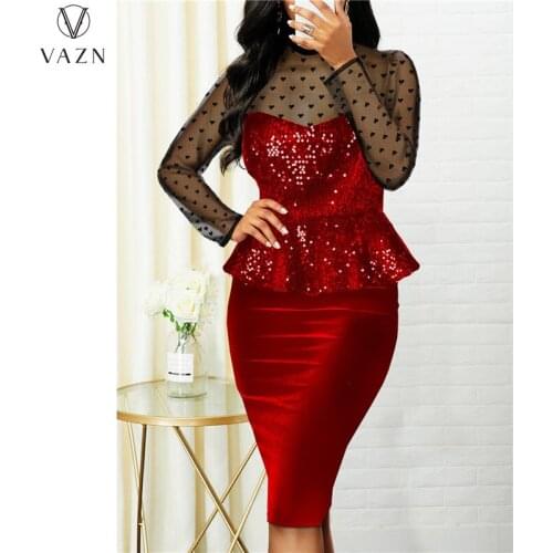 VAZN 2021 Autumn Pencil Dress Solid Plus Size Overalls Mature Sexy Sweet Full Sleeve High Waist Young Vestidos For Female