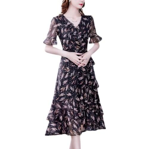 2021 New Summer Women V-Neck Speaker Sleeve Floral Chiffon Long Dress Sweet Ruffles Irregular Hem Mermaid Dress