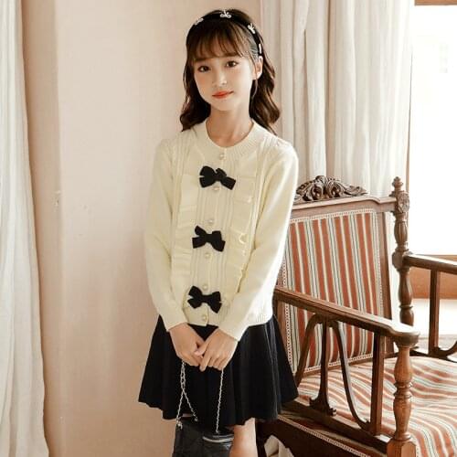 2021 Children Girls Sets Autumn Boutique Kids Clothing Set White Bowtie Knitted Tops and Pleated Skirts 2 Pcs Suit 6-16Y