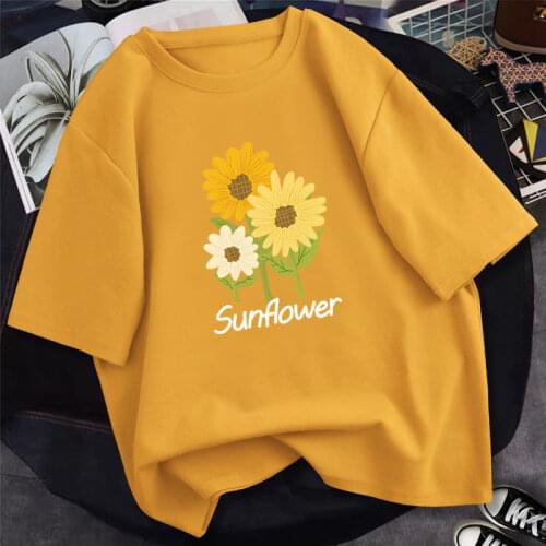 Harajuku 100% Cotton Cute Cartoon Anime Loose Tees Ulzzang Sunflower Printing Summer Short Sleeved Oversized T-Shirt Women Tops