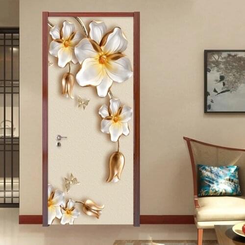 3D Door Sticker European Style Luxury Golden Flowers Mural Wallpaper Living Room Bedroom 3D Door Poster Self-Adhesive Waterproof