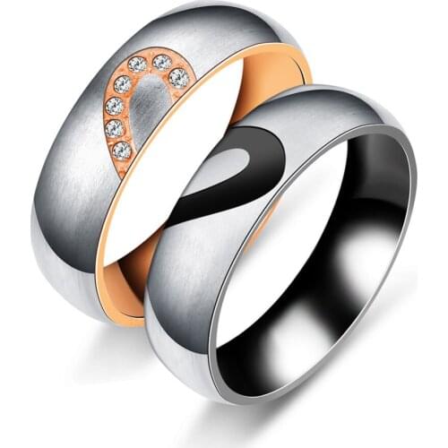 ERLUER 6mm Stainless steel Women Men Ring Set Crystal Jewelry Rose Gold color Engagement Couple Rings Pair Valentines Love Gift