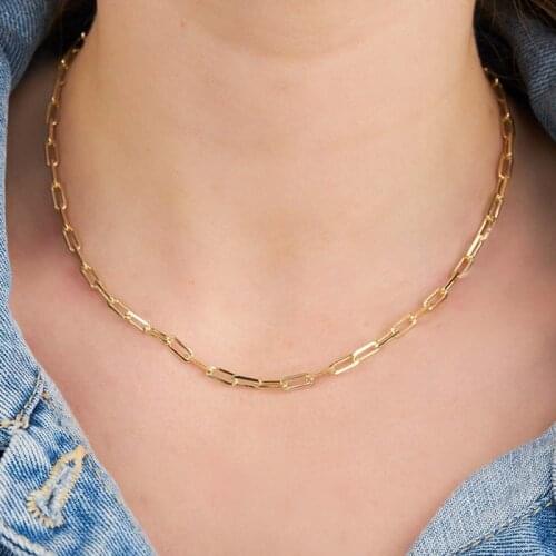 Chic Women Paper Clip Chain Choker Necklace, Gold Tone Stainless Steel Rectangle Link Necklaces,Flat Link Chain Collar
