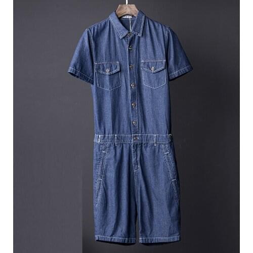Summer Fashion Cool Mens Blue Black Short Sleeve Denim Overall Jumpsuit , Male Slim Jumpsuits , Casual Overalls Shorts For Men