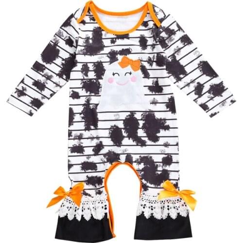 0-24M Newborn Baby Girls Halloween Jumpsuits Outfit Long Sleeve Tie Dye Cartoon Lace Bow Long Romper Overall Clothes