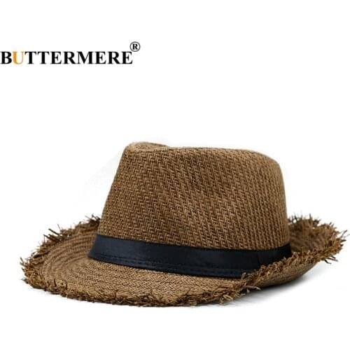BUTTERMERE Brown Straw Beach Hat Men Women Summer Panama Cap Casual Fedora Hat Male Fashion Straw Hat UV Protection