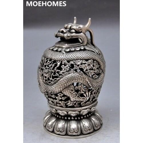 MOEHOMES 18 cm/ Chinas ancient Tibet silver dargon incense burner censer family decorations metal handicraft