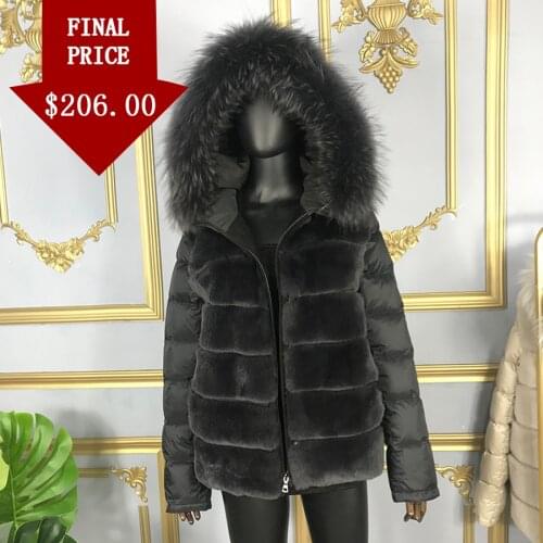 Real Rabbit Fur Coat Hooded Black Down Jacket Winter Women Classic Short Casual Outerwear Raccoon Fur Collar