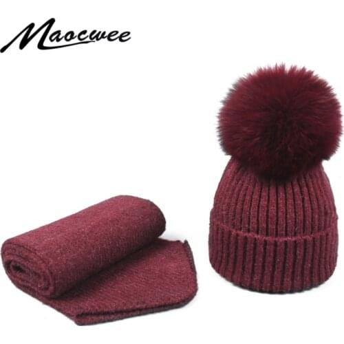 Scarf Hat Set Women Hat PomPon Knitted Skullies Beanies Cap Real Fox Ball Autumn Winter Warm Solid Color Natural Striped hats