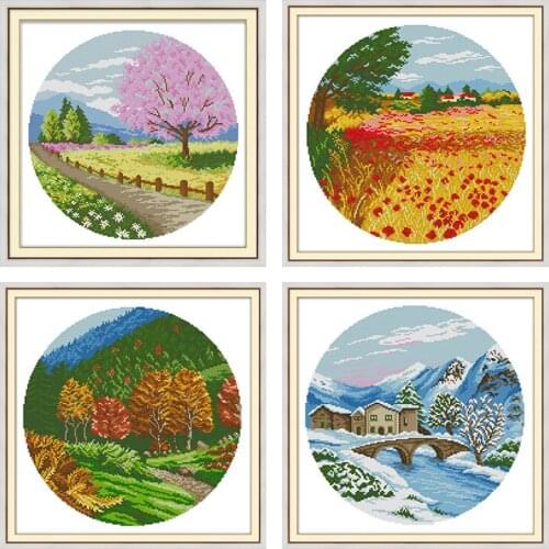 Four Seasons Landscape Series Patterns Counted Cross Stitch Embroidery Kits 14CT 11CT Printed on Canvas DIY Handmade Needlework