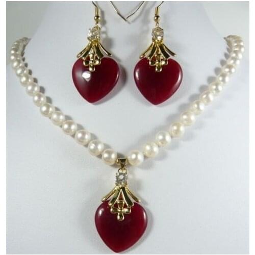 Charm 7-8mm white pearl necklace 17"& red heart jade earring pendant