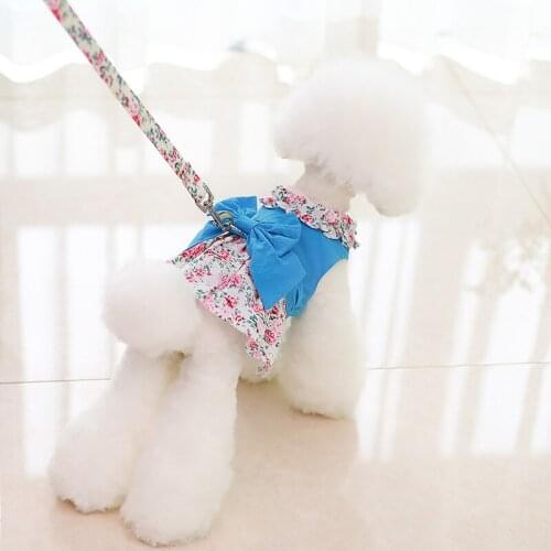 Dog Princess Dress Cute Floral Bow Skirt Harness Back with Leash Cat Clothes Rabbit Skirt princess cat dress