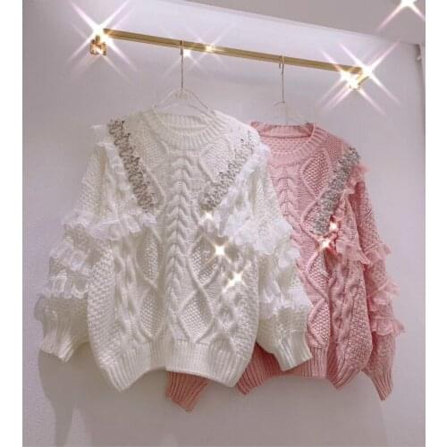 Fashion Sweet Lace Patchwork Lantern Sleeve Knitwear Pullover Heavy Bead Tassel Thickened Twist Knitted Sweater