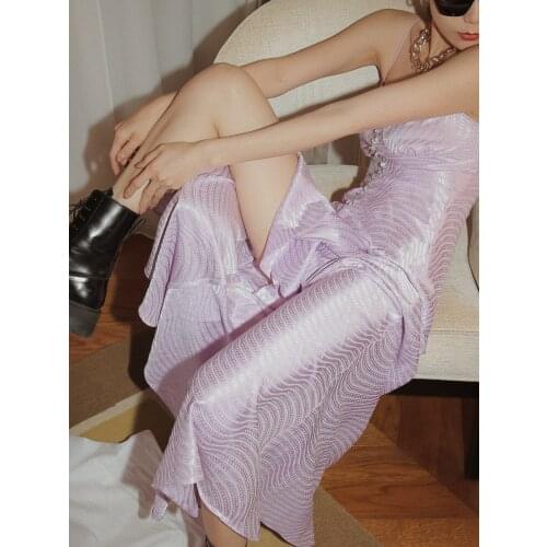 Silk New Purple satin dress sexy V neck pleated fashion style suspender dress