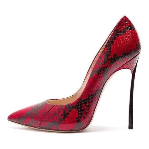 Stylish Red Snake Print Leather Blade Heels Pumps Pointed Toe Metal Heels Dress Shoes High Quality Slip-on Patchwork Pumps