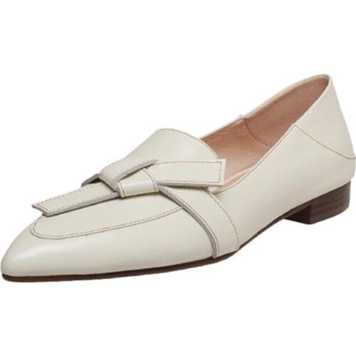 Flats Shoes Women Natural Genuine Leather Loafers Shoes Bow Slip On Footwear Ladies Flat Casual Shoes Beige