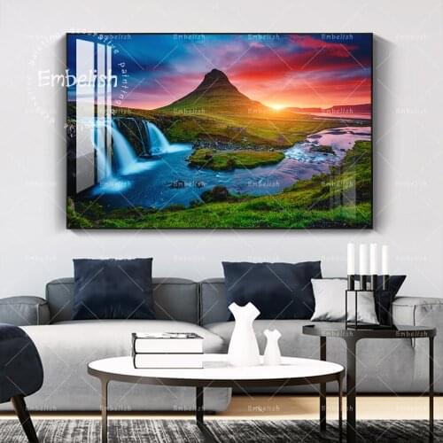 Embelish 1 Pieces Sunset Waterfall Landscape Wall Art Posters Home Decor Modular Pictures For Living Room HD Canvas Paintings
