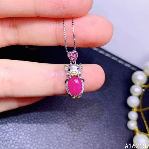 Fine Jewelry 925 Pure Silver Inlaid Natural Ruby Girl Luxury Elegant Pig Plain Chinese Style Gem Pendant Necklace Support Detect