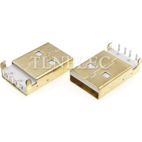10pcs Type-A Male Socket Port Connector USB 2.0 Gold Flat Edge 4 Pins Interface Bend Foot Charge Plug Adapeter