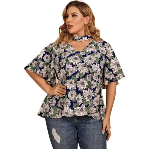 4XL Plus Size Blouses Women Tops Hollow Out Halter Summer Floral Print Casual Summer Shirts Woman Blusas Mujer De Moda TJR108