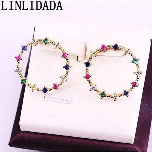 8Pairs 23mm, Rainbow CZ colorful Zirconia paved Round Circle Jewelry Earrings Gold Color trendy earring studs