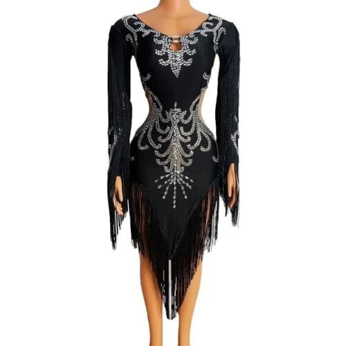 Shining Rhinestones Fringes Dress Women Birthday Prom Celebrate Tassel Party Dress Female Performance Show Latin Dance Costume