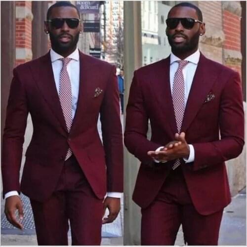 Burgundy Men Wedding Tuxedos Peak Lapel Two Button Groom Tuxedos 2019 Style Dress Men Business Dinner Suit(Jacket+Pants+Tie)