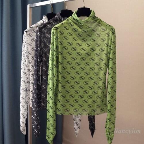 Turtleneck Mesh T Shirt Women Fashion Printed Long Sleeve Elastic T-shirts Female Bottom Tops Summer Autumn 2021 Nancylim
