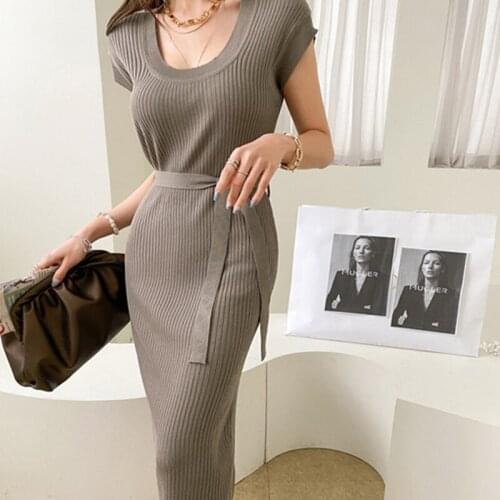 Fashion Summer Vintage Short Sleeve Midi Dress Ladies Elegant Streetwear Casual U-Collar Sashes Bouncy Elastic Knitting Dress