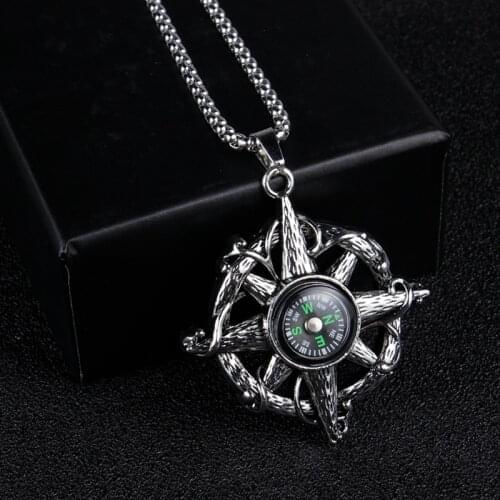 Creative Personality Trendy Compass Pendant Necklace Long Titanium Steel Box Chain Necklace Unique Design Jewelr