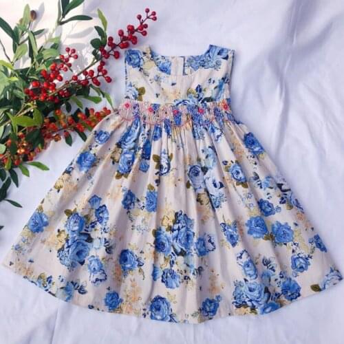Baby girl summer vintage handmade smocking princess dress kids sleeveless cotton floral printed a-line dress