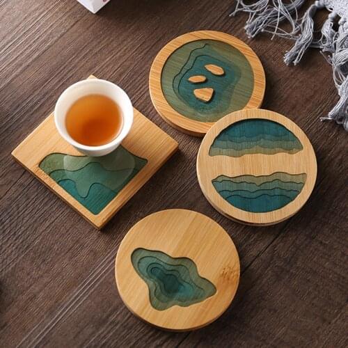 Coaster Coffee Tea Cup Coasters Mat Placemat pad Epoxy Resin Transparent Bamboo Insulation Pad Landscape Coaster Cup Holder Mat