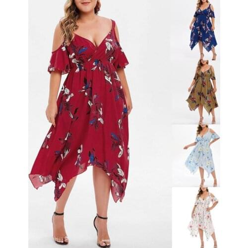 Causual Women Midi Dress Plus Size Floral Print Irregular Hem Women V Neck Off Shoulder Dress for Wedding