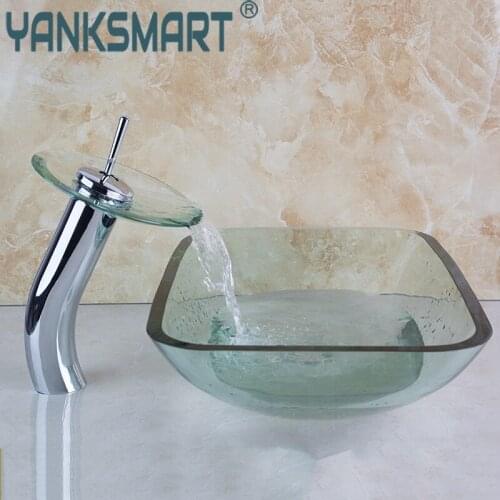 Bathroom Clear Single Hole Square Chrome Faucet Washbasin Bathroom Glass Sink With Water Pop Up Drain Basin Set