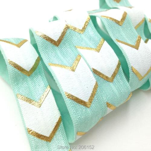 High Quality 5/8" Chevron Print FOE Elastic Gold Foil Arrow Print Fold Over Elastic Ribbon for DIY Headwear 100Y/Lot Aqua Color