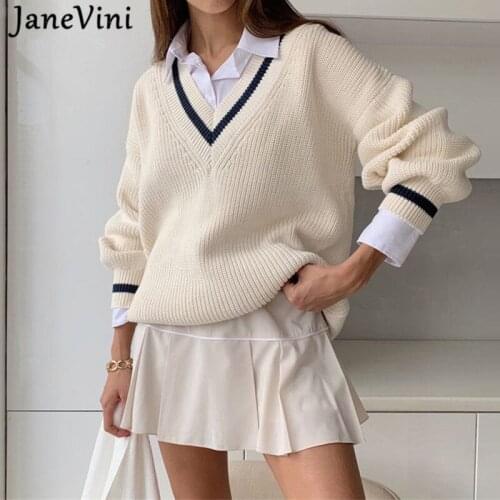 JaneVini V Neck Sweaters Women Casual Loose Knitted Sweater Pullovers Knitwear Autumn Winter Stripe Fashion Lady Female Jumpers