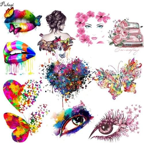 Pulaqi Thermal Iron On Patches Butterfly Lips Stripe Transfer Fusible Clothing Sticker On Clothes Application Of Womens T-shirt