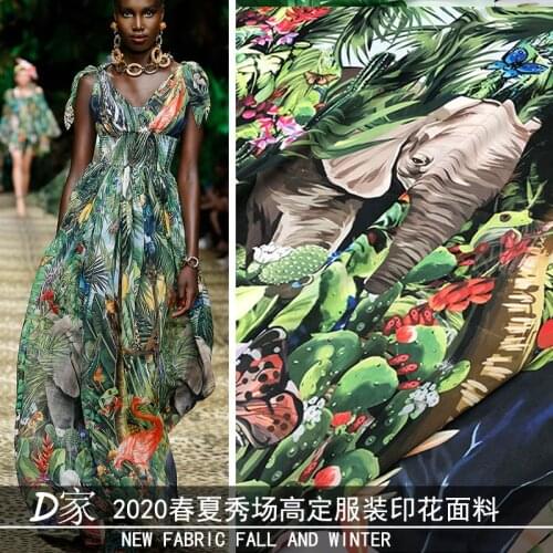 110X150cm Tropical Jungle Elephant Flamingo Cactus Printed Thin Chiffon Fabric for Woman Girl Summer Long Dress DIY Sewing