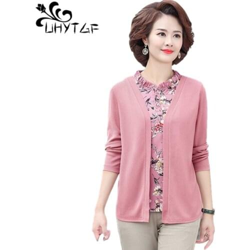 UHYTGF Mother Spring Autumn Tops Fashion Fake Two Pieces T-Shirt Womens Long Sleeve Pullover Loose 5XL Plus Size Clothes 1475