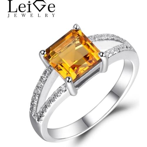 Leige Jewelry Natural Citrine Ring Square Cut Yellow Crystal Gemstone Engagement Anniversary Ring Sterling Silver 925 Jewelry
