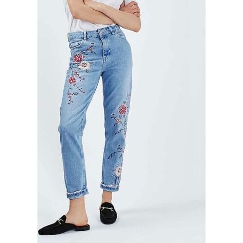 High Waist Jeans Women 3d Embroidery Flowers Denim Pants Top Shop Jeans woman Blue Straight Trousters