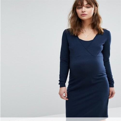 Maternity Women Dress Summer Long Sleeve V-neck Knee Length Dress New Moms Western Style Easy Breast-Feeding Nursing Dresses